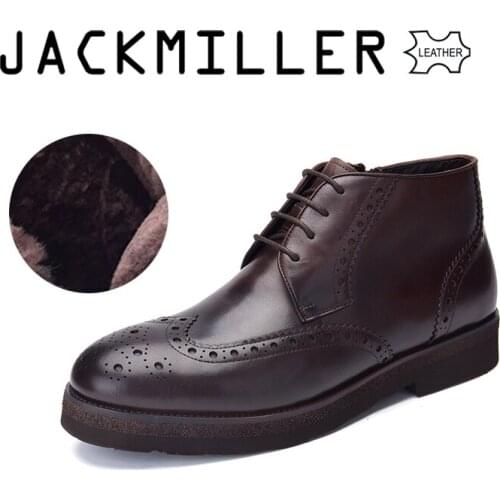 Jackmiller Top Brand Mens Boots Leather Wool Lining Warm Thick Sole Dark Brown Cow Leather Lace-Up Side Zipper Top Sale Boots
