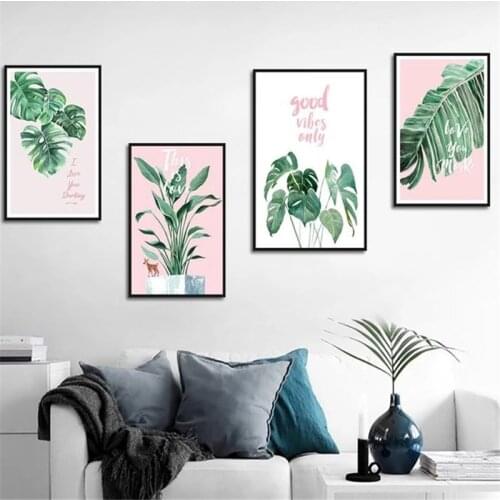 Pink and Green letter Leaf Poster Canvas Painting Fresh Plants Flowers Nordic Wall Art Print Picture For Living Room Home Decor