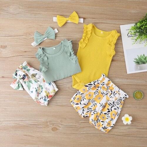 2021 New 3Pcs 100% Cotton Girl Summer Clothes Babys Suits Romper Top Outfits Bloomers + Headband Shorts Set Short Sleeve Floral