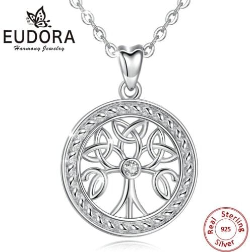 Eudora Fashion 925 Sterling Silver Family Tree of Life Round Celtics Knot Pendant Necklace CZ Jewelry for Women Men Gift CYD110