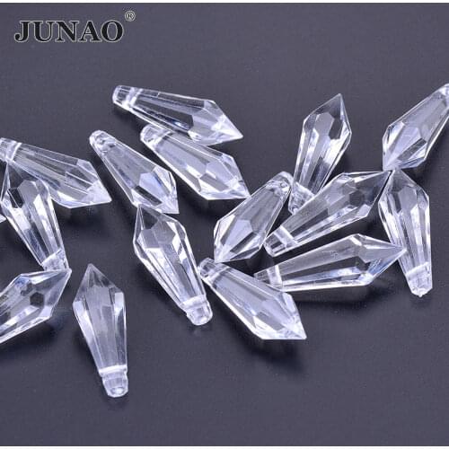 JUNAO 10x30mm Clear Crystal Pendant Acrylic Rhinestones Icicle Hanging Fancy Gems Finding for Clothes Bags Home Decoration