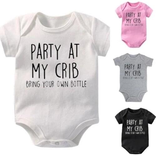 0-24M Newborn Baby Boys Girls Bodysuit Infant Clothes Party at My Crib Bring Your Own Bottle Casual Short Sleeve Playsuit Romper
