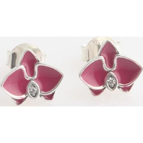 Authentic S925 Enamel flower With Crystal Stud Earrings For Women Wedding Gift fit Lady Fine Jewelry