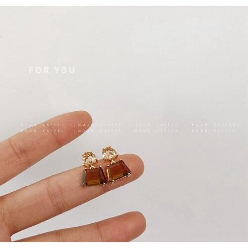 S925 Retro Coffee Color Champagne Zircon Hit Color Earrings INS Niche Wild Retro Earrings Female Fashion Classic Earrings
