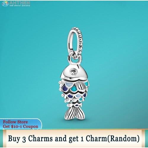 Ahthen 925 Sterling Silver Beads Blue Scaled Fish Dangle Charm fit Original Pandora Bracelets for Women Jewelry Making DIY Charm