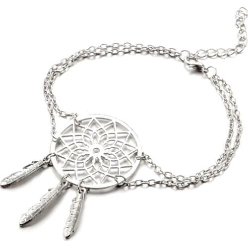 Silver Color Alloy Dreamcatcher Feather Pretty Bracelet Fine Jewelry for Women Girls Party Accessories Gift