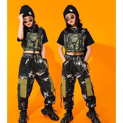Girl Hip Hop Crop Top Waistcoat Camouflage Cargo Pants Kids Military Joggers Cool Clothes Set Child Jazz Street Dance Streetwear