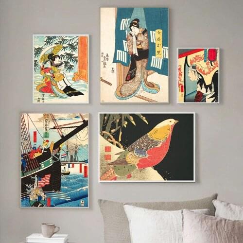 Vintage Abstract Art Prints Painting Pictures Wall Art Geisha Japanese Golden Pheasant Nordic Canvas Posters Bedroom Home Decor