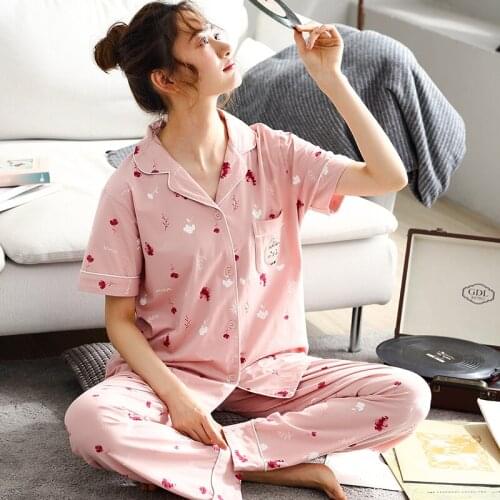 Plus Size M-3XL Summer Short Sleeve Pajama Sets 100% Cottton Women Print Sleepwear Pyjamas Femme Loungewear Pijama Mujer