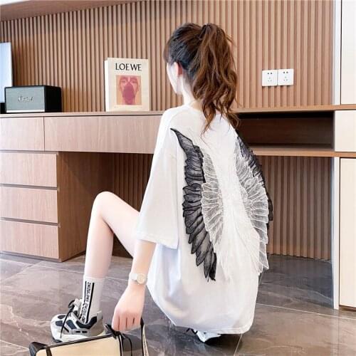 3D Wing Design Short Sleeve T-Shirt Womens Medium Long 2021 Summer Loose Lazy Style Top Fashion Streetwear Women Top