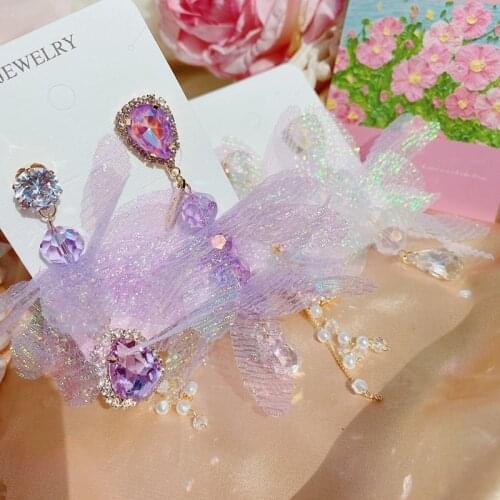 MENGJIQIAO Korean Sweet Yarn Flower Acrylic Beads Long Drop Earrings For Women Ladies Fashion Crystal Oorbellen Jewelry Gifts