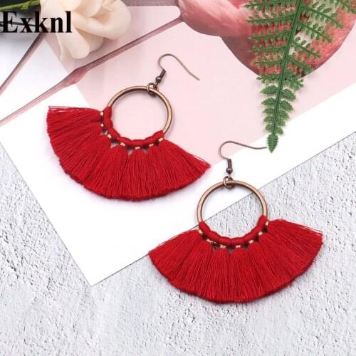 Exknl Long Vintage Fringed Drop Tassel Earrings Women Bohemian Round Big Earrings Ethnic Party Dangle Earrings Fashion Jewelry