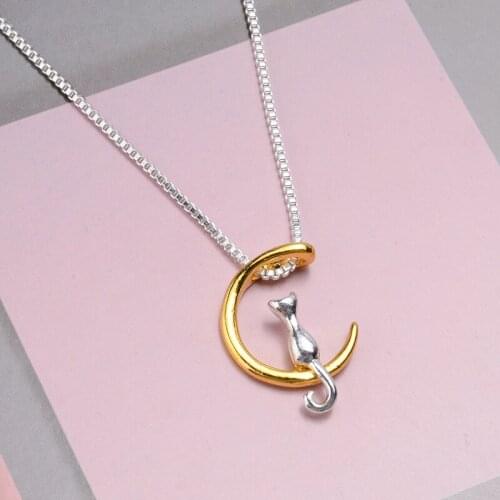 Lady Girls Cat Moon Pendant Necklace Charm Silver Color Link Chain Necklace Pet Lucky Jewelry Women Birthday Delicated Gify