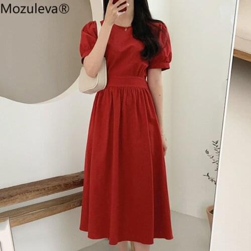Mozuleva Vintage Puff-sleeve Slim Waist Women 100% Cotton Dress Elegant O-neck Belt A-line Dress 2021 Summer Party Vestidos
