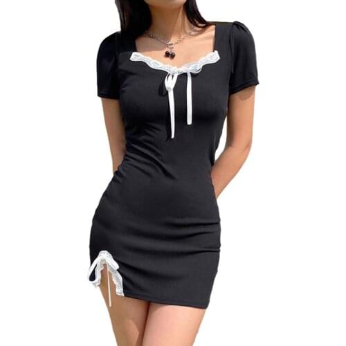 Women’s Casual Short Sleeve Dress Fashion Solid Color Lace Trim Square Collar Skinny Short Dress