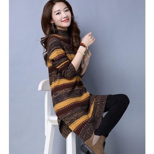 2021 Elegant Half turtleneck Long sleeve Long Sweater Dress Women Autumn Stripe Knitwear Dress Female Casual Pullovers Vestidos