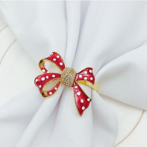 12pcs/lot Christmas red bow napkin ring diamond napkin buckle holiday party desktop napkin ring decoration