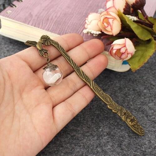 2PCS 16MM Empty Glass Ball Bookmark Creative Metal Bookmarks Feather Bookmark Teacher Gift