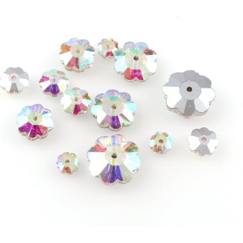 6,8,10,12,14mm Plum Flower Sew On Stone Crystal AB With 1 Middle Hole Sewing Glass Rhinestone DIY Dress/Garment