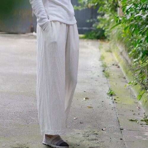 Women Cotton Linen Spring Autumn Elastic Waist Solid Color Pants Ladies Vintage Trousers Female Vintage Pants