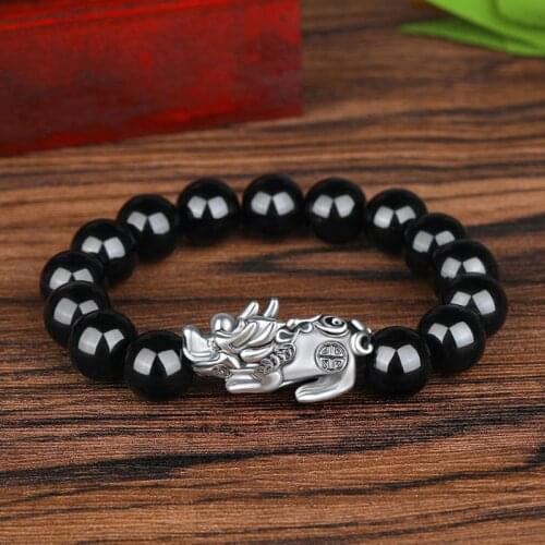 Black Obsidian Stone Buddhism Six Words Pixiu Bead Bracelet Lucky Amulet Jewelry