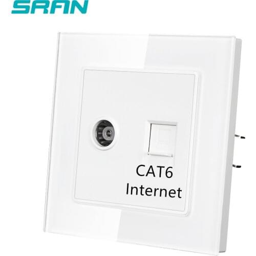 EU TV & Internet Socket CAT6 Type,White Crystal Tempered Glass Panel 82mm*82mm Household RJ45 Interface Socket SRAN