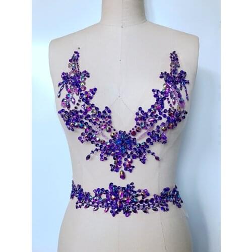 Purple handmade 31*36cm crystal sequins patches sew on rhinestones applique trim dress accessory