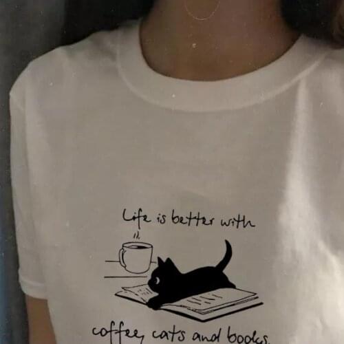 Life is Better with Coffee Cats and Books T-Shirt Women Funny Casual Tshirt Summer Style Outfits Tees Tops T Shirt Drop Ship