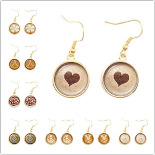 Coffee Latte Carving Love Heart Art Glass Cabochon Drop Earrings Chocolate Printing Four Leaf Clover Cat Charm Jewelry For Wome