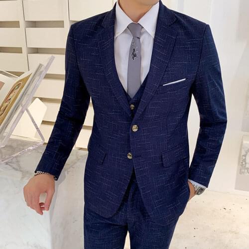 Three-piece Men Formal Business Groom Suit Sets For Mens Fashion Boutique Plaid Wedding Dress Suit ( Jacket + Vest + Pants )