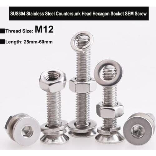 M12 SUS304 Stainless Steel Countersunk Head Hexagon Socket Bolt Three Combination Screw with Plain Washer Spring Washer and Nut