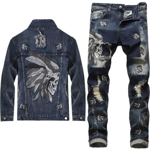 2020 European Style Men Sets Embroidered Indian Stretch Denim Blue 2 Pieces Maching Set Jacket and Hole Jeans Mens Clohing