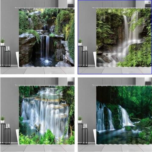 Natural Scenery Shower Curtains Waterfall Landscape Tree Stone Home Bathroom Decorative Curtain Background Wall Cloth Waterproof