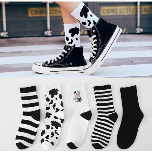 5 pairs Arrivals Cow Printed Sock Lovely Harajuku Japanese Style Cotton Women Socks Striped Solid Breathable Casual Cartoon Sock