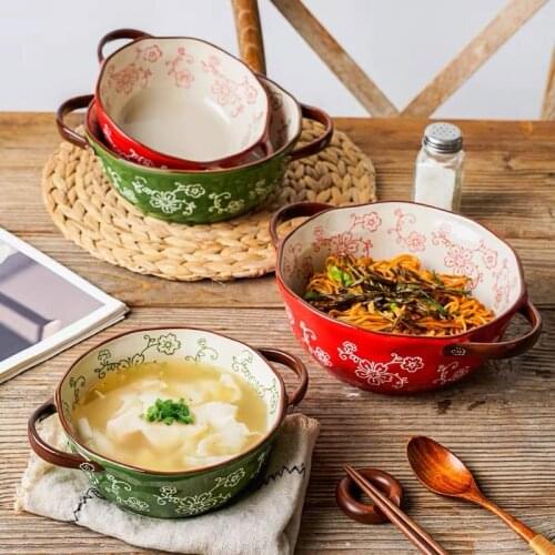 New Cherry Bianual Hollow Handle Ceramic Dessert Bowl Household Cutlery Creative Pasta Soup Noodles Bowl Red Green