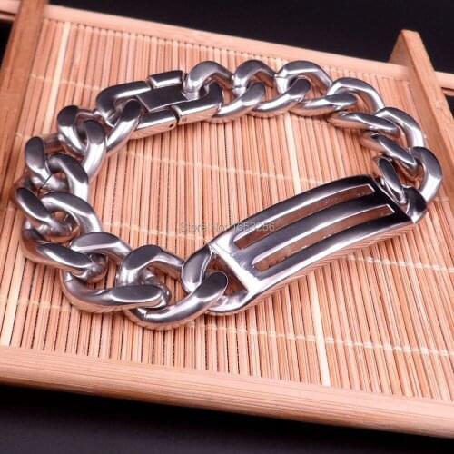 Charming High Polished 316L Stainless Steel Mens Biker Cuban Curb Chain Hollow out ID Bracelet Bangle Jewlery 15mm 9 inch