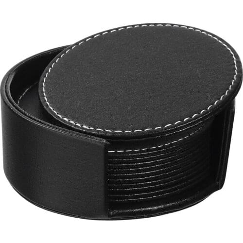 OUNONA 6PCS Round Leather Black Barware Mat Placemat Coasters for Coffee Beer Wine Glass Tea A30