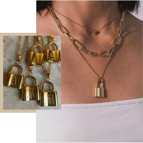 Chic Customize Initial Letter Alphabet Padlock Necklaces for Women Stainless Steel Personalized Name Rock Choker Jewelry