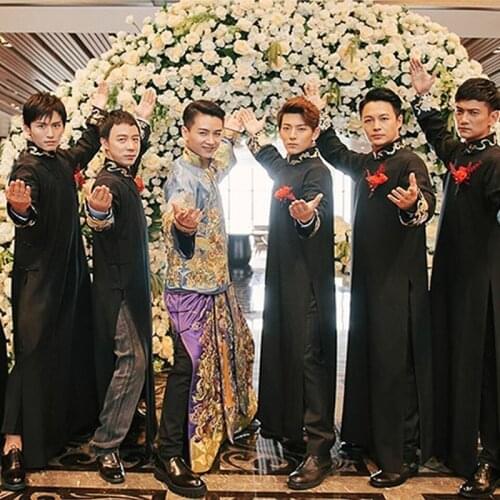 Oriental Style Groomsman Dresses Modern Man Vintage Long Cheongsam Chinese Traditional Dress Qipao Men Crosstalk Black Robe