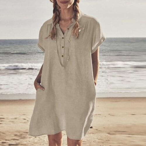 Womens Summer Casual Cotton Loose V-neck Short Sleeve Solid Color Loose Dress Fashion Clothing Female Summer Party Dre