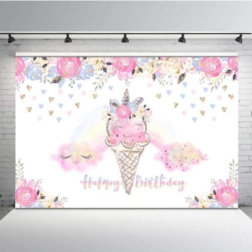 Ice Cream Theme Birthday Backdrop Pink Flowers Girl Birthday Party Photography Background Dessert Table Decor Banner Backdrops