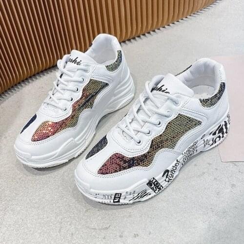 Dad Shoes Womens Spring, Summer and Autumn New Thick-soled Net Red Shoes Sequins Sports Wild Tide Shoes Casual Shoes