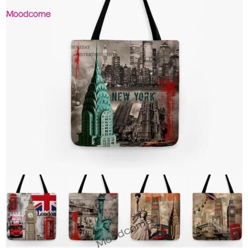 New York London Vintage Poster Style Water Resistant Foldable Canvas Cotton Linen Tote Bag Shoulder Bag Grocery Shopping Bag