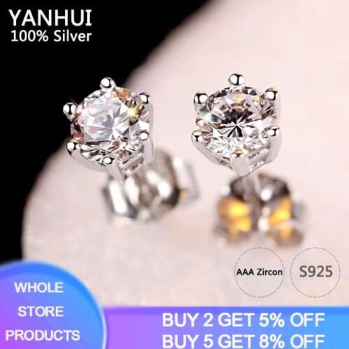 YANHUI With Certificate Silver 925 Earrings Not-Allergic Fine Jewelry 1 Carat Zirconia Diamond Stud Earrings for Women Gift E6