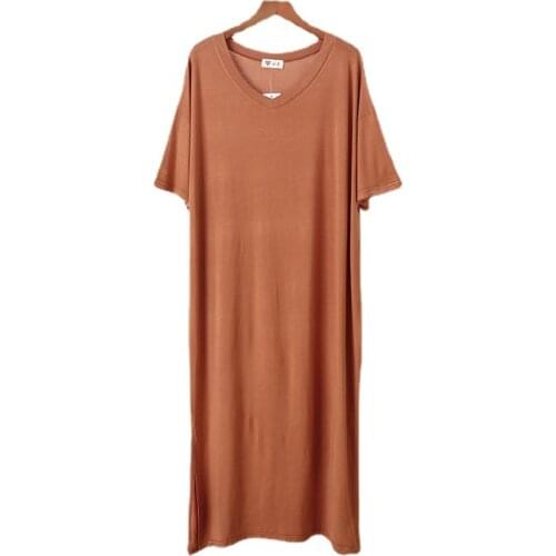 Women Long Modal Nightgown Sexy V-Neck Solid Nightdress Short Sleeve Loose Sleepshirt Skirt Summer Lounge Home Dressing