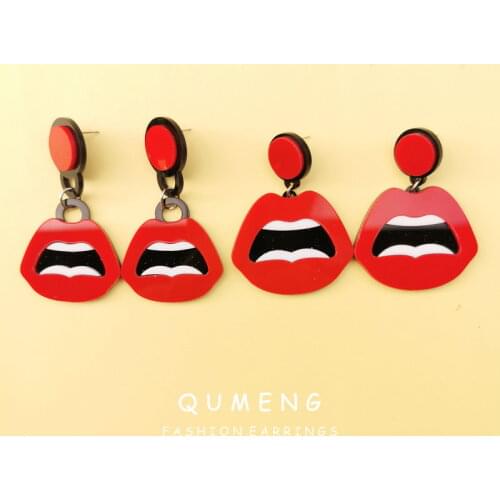 QUMENG 2020 New Fashion punk Acrylic Red Mouth Lip stud Earrings For Women Hip-Hop Geometric Long Earring Nightclub Jewelry