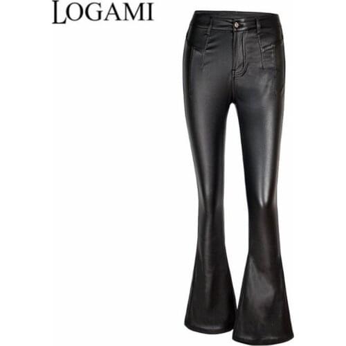LOGAMI Plus Size Pu Leather Pants Women Black Flare Pants Autumn Winter Warm Sexy Trousers 3XL 4XL