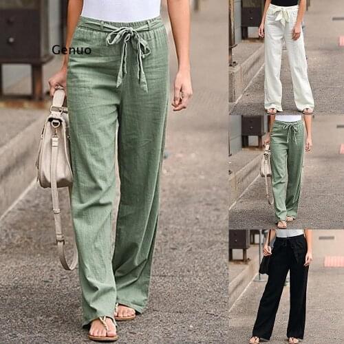 Women Pants Fashion Linen Cotton Solid Elastic Waist Trousers Female Plus Size Ankle-length Trousers Summer Casual Pants