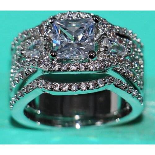 Size 5-10 Luxury Jewelry 7mm AAA CZ 10Kt white gold filled 3 in 1 Simulated stones Wedding Engagement Women Bridal Ring set gift