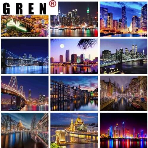 GREN 5D DIY Full Square Drill Diamond Embroidery City Night Scenery Diamond Painting Cross Stitch Rhinestone Mosaic Home Decor